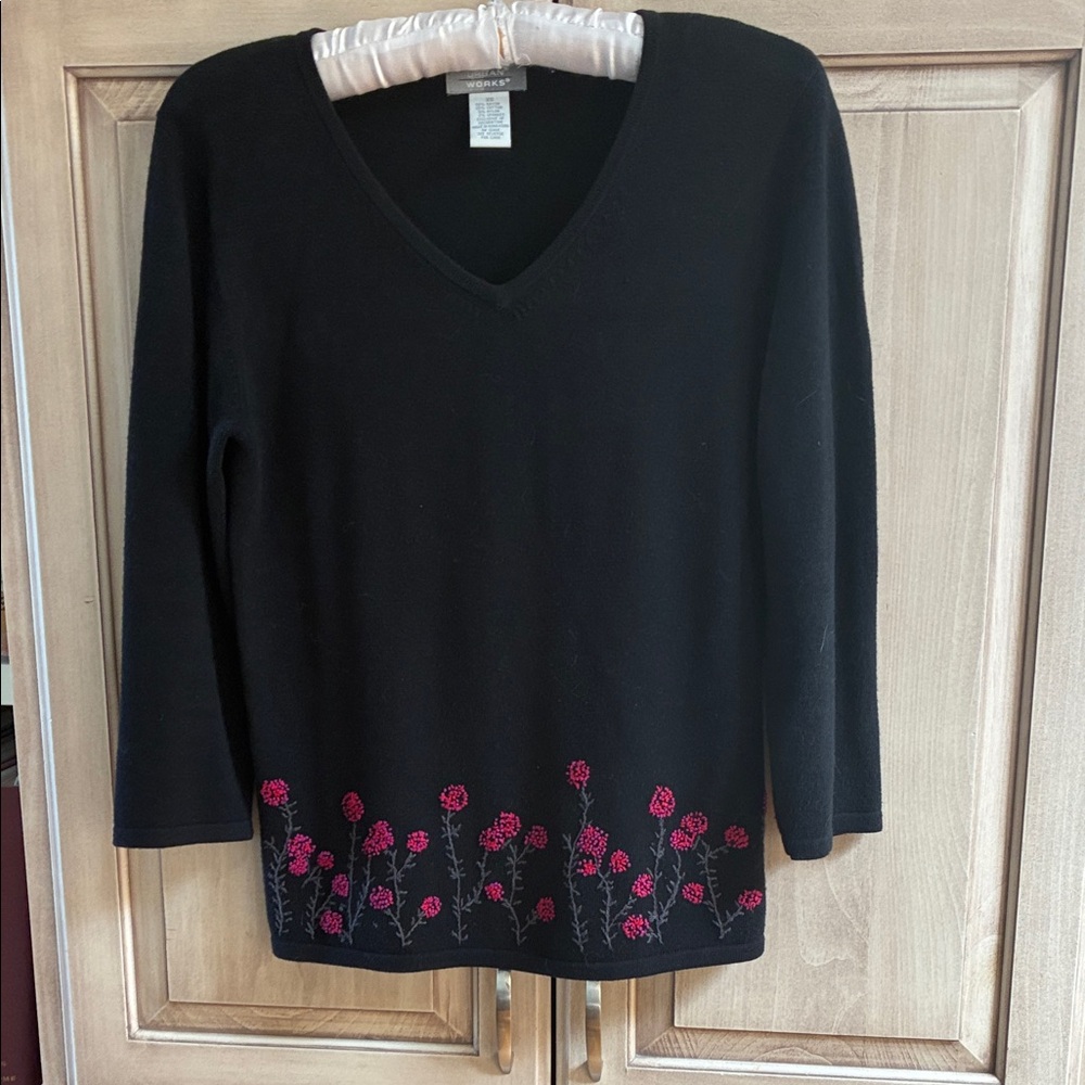Urban Works Black Sweater with Pink Floral Embroidery sz XS